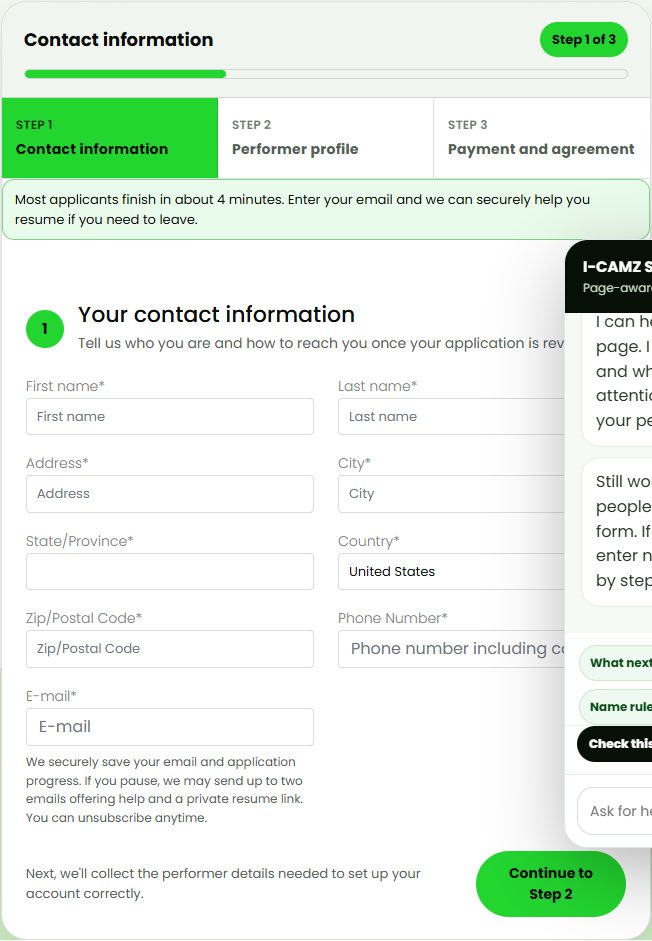 Blank I-CAMZ model application showing contact information, performer profile, and payment steps